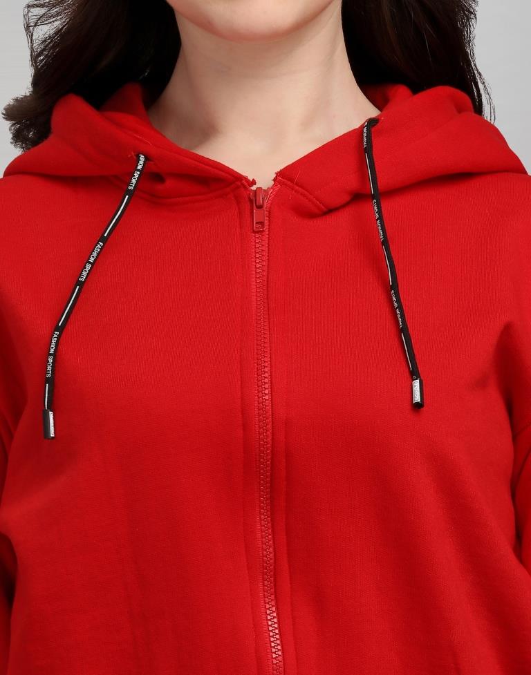 Red Coloured Cotton Fleece Blend Plain Hoodie | Sudathi