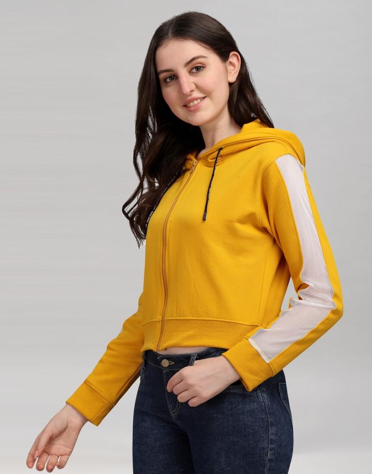 Turmeric Yellow Coloured Cotton Fleece Blend Plain Hoodie | Sudathi