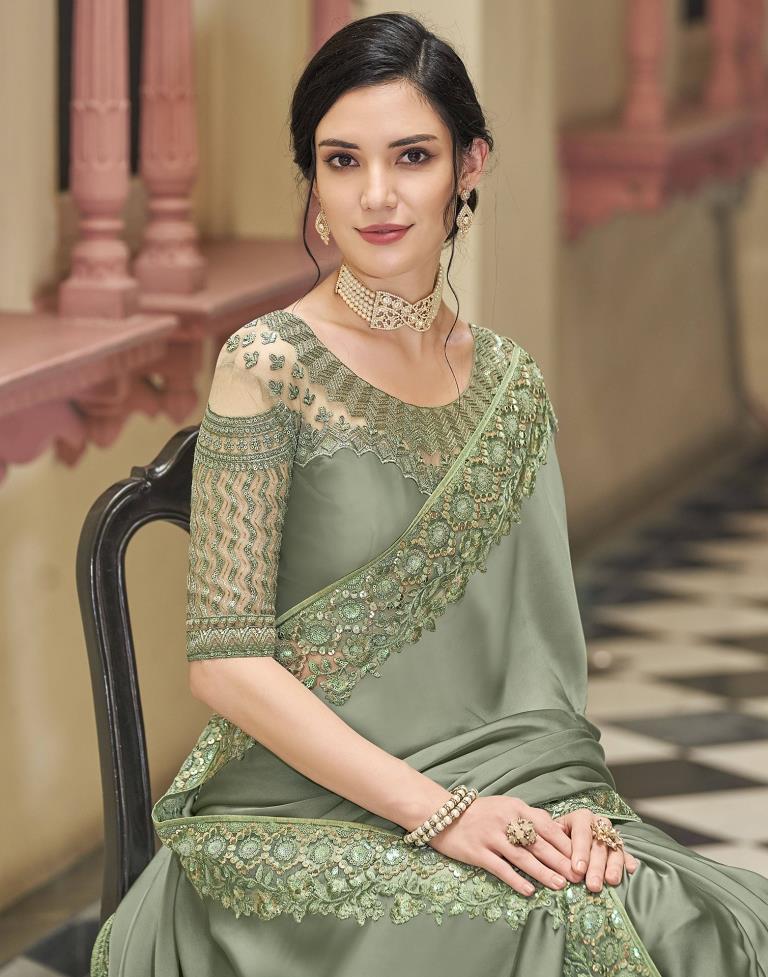 Dusty Green Embroidery Silk Saree | Leemboodi