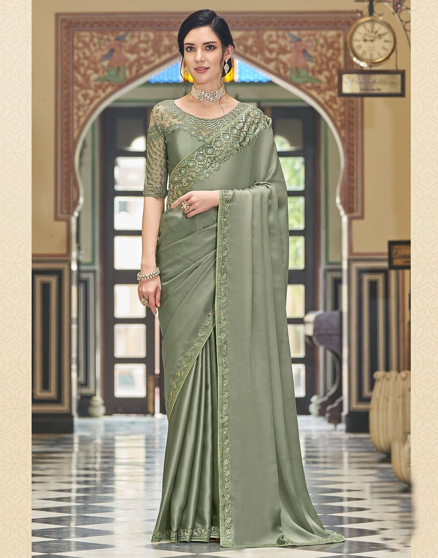 Dusty Green Embroidery Silk Saree | Leemboodi