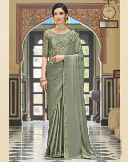 Dusty Green Embroidery Silk Saree | Leemboodi