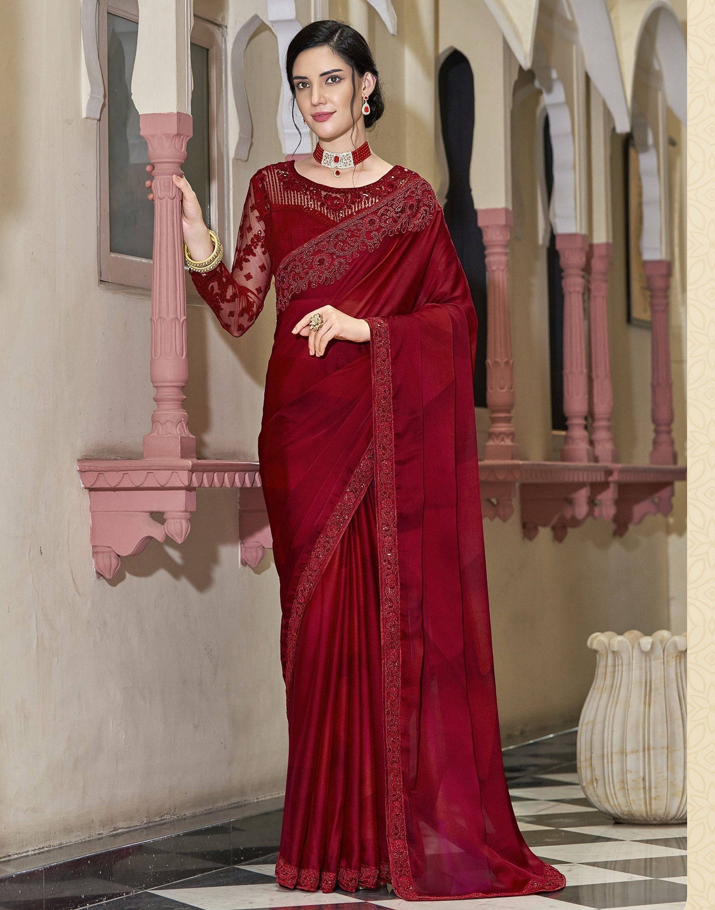 Red Chiffon Saree | Leemboodi