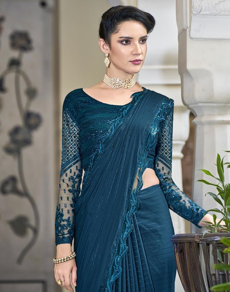 Teal Blue Chiffon Saree | Leemboodi