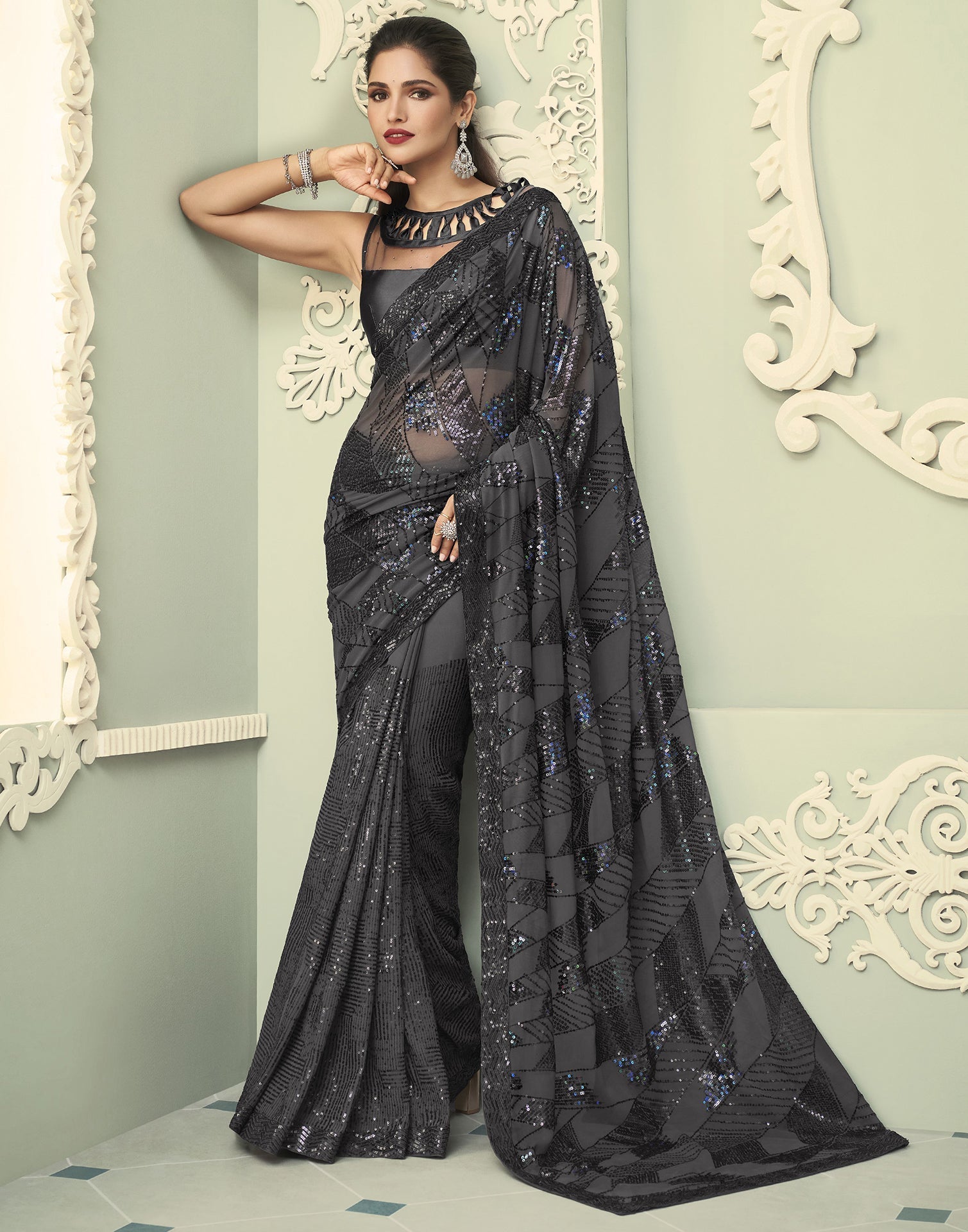 Grey Georgette Saree | Leemboodi