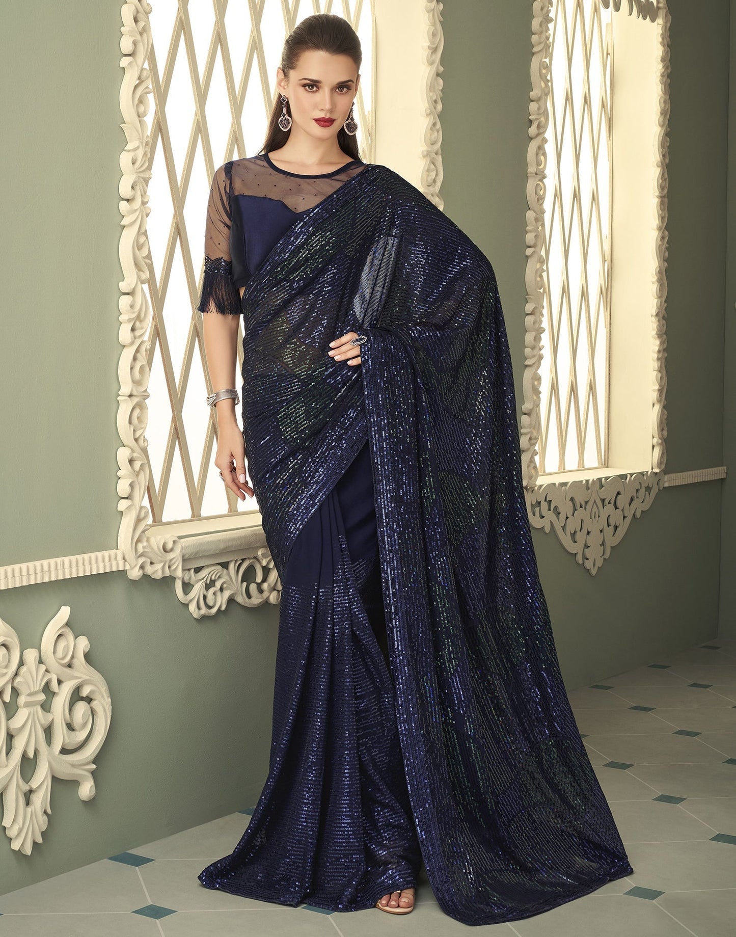 Navy Blue Georgette Saree | Leemboodi