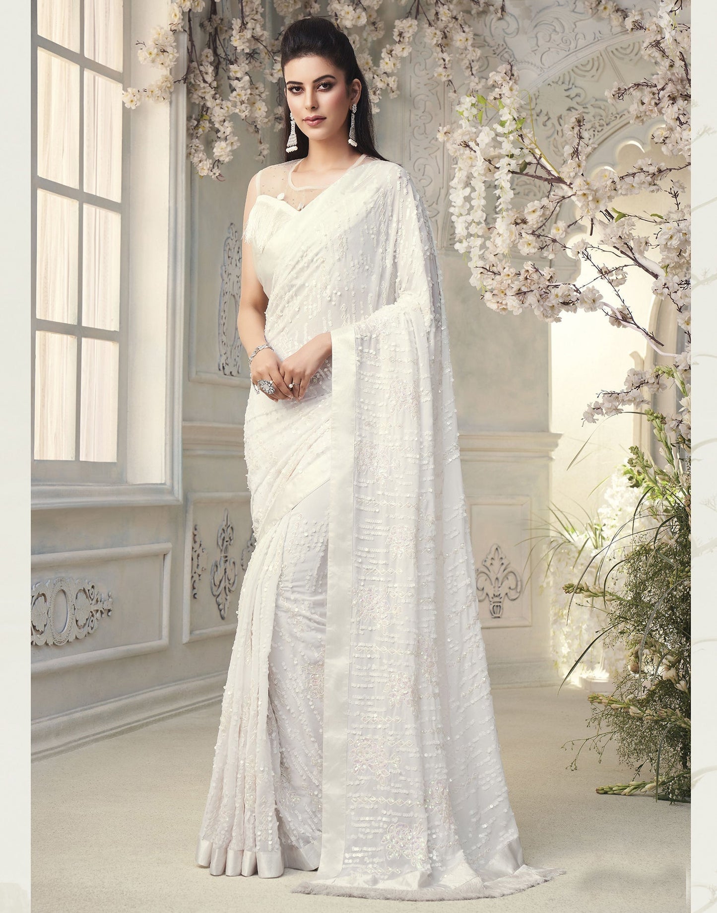 White Georgette Saree | Leemboodi