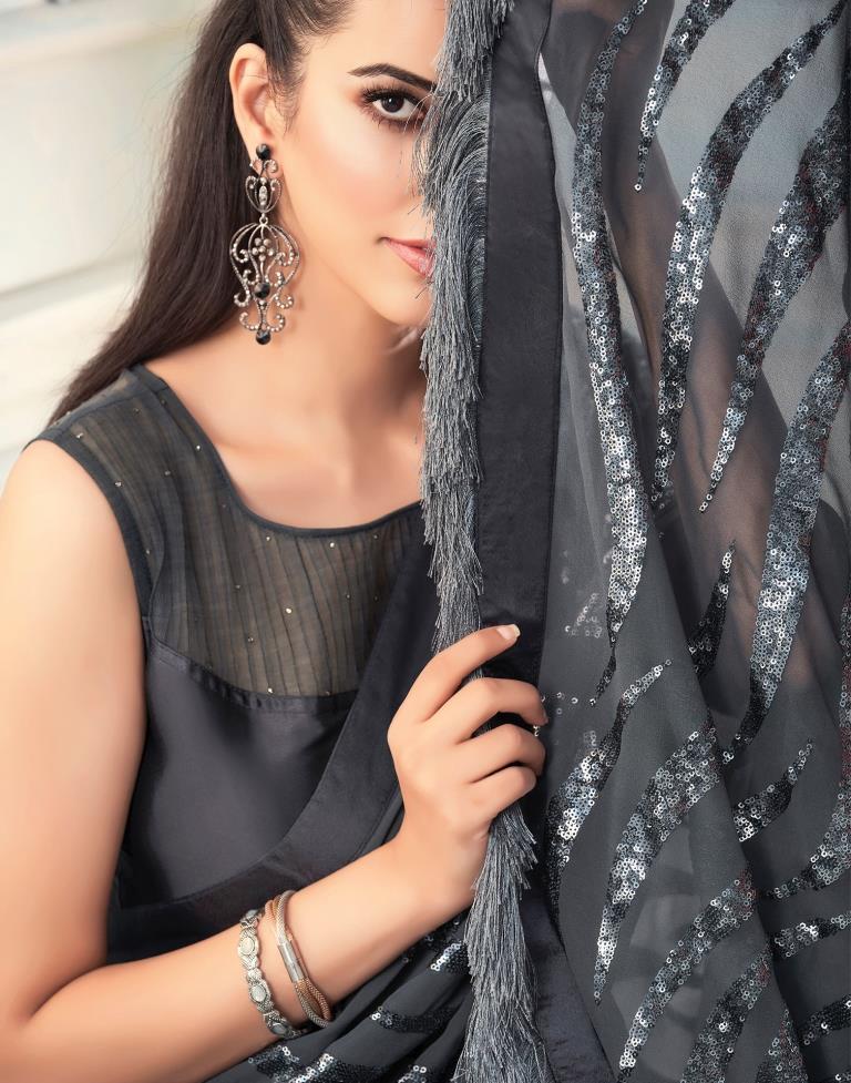 Grey Georgette Saree | Leemboodi