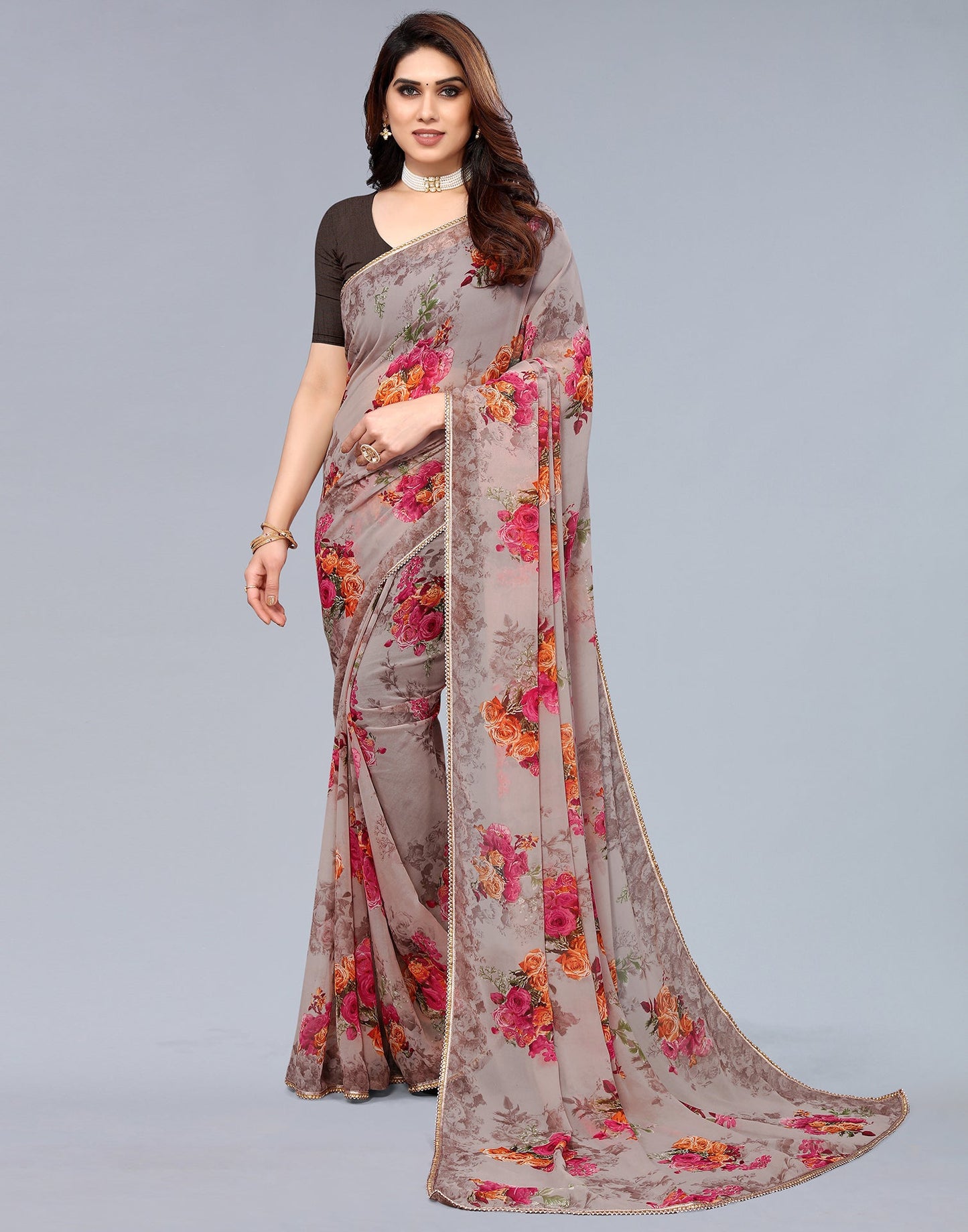 Light Brown Georgette Floral Printed Saree