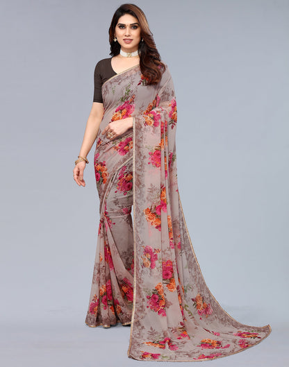 Light Brown Georgette Floral Printed Saree