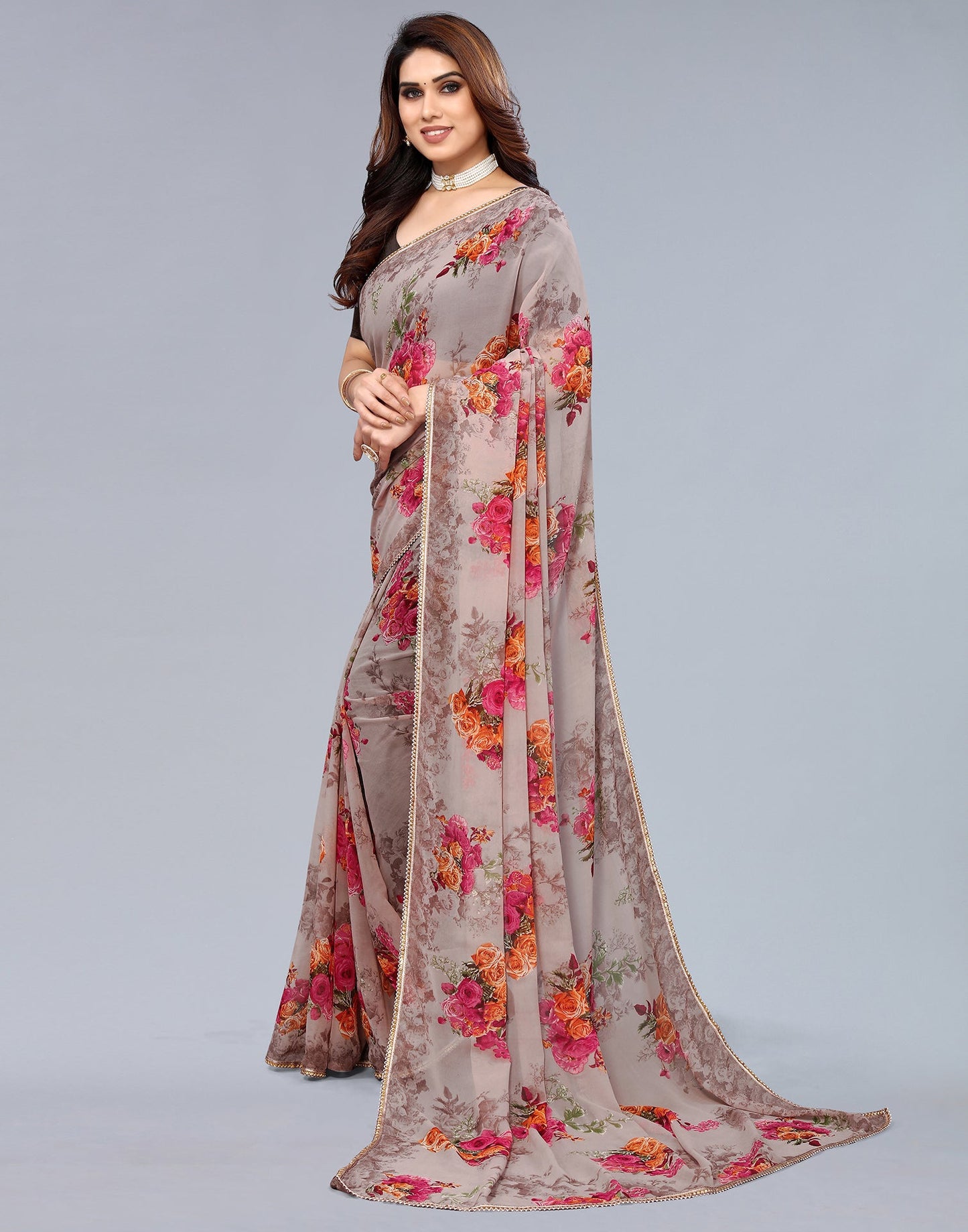 Light Brown Georgette Floral Printed Saree