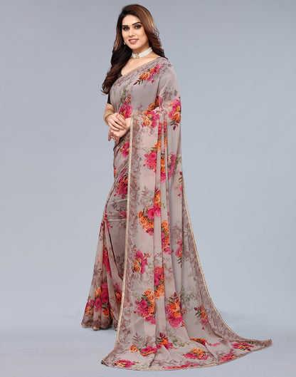 Light Brown Georgette Floral Printed Saree