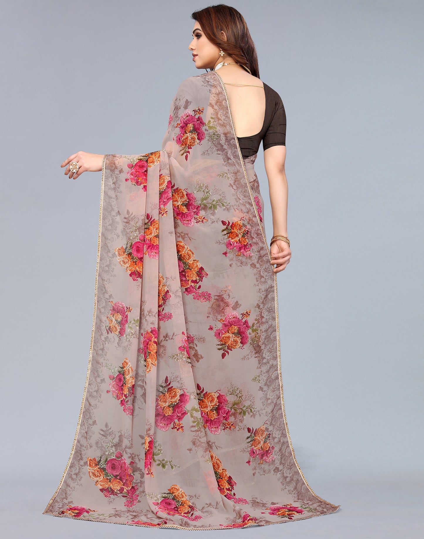 Light Brown Georgette Floral Printed Saree