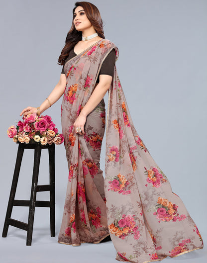 Light Brown Georgette Floral Printed Saree