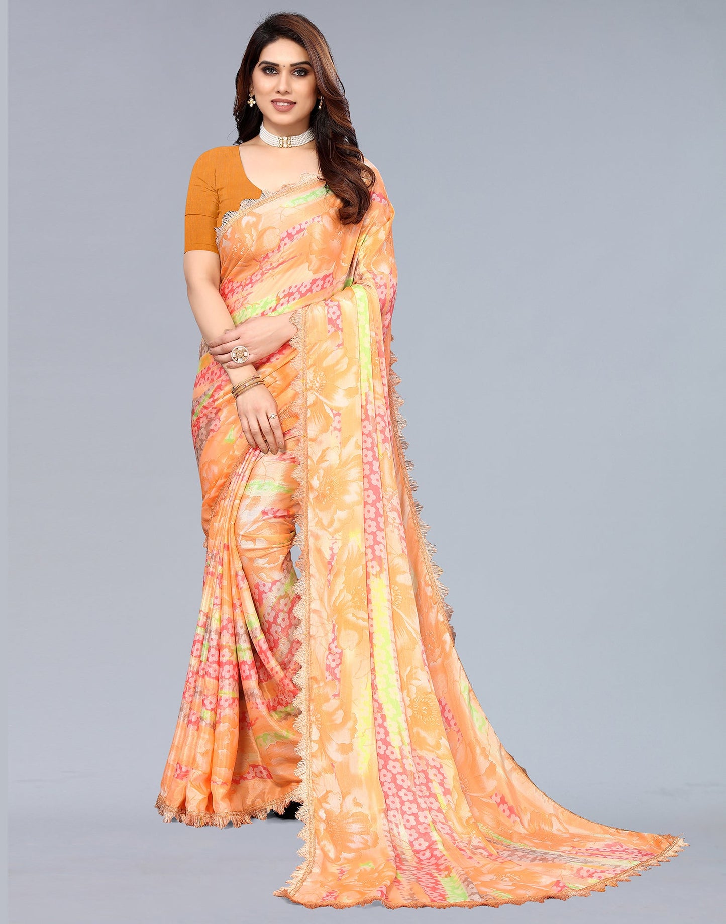 Light Orange Silk Floral Printed Saree