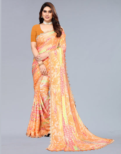 Light Orange Silk Floral Printed Saree