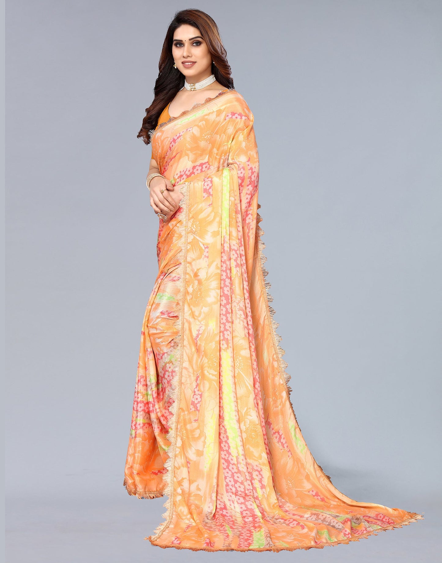 Light Orange Silk Floral Printed Saree