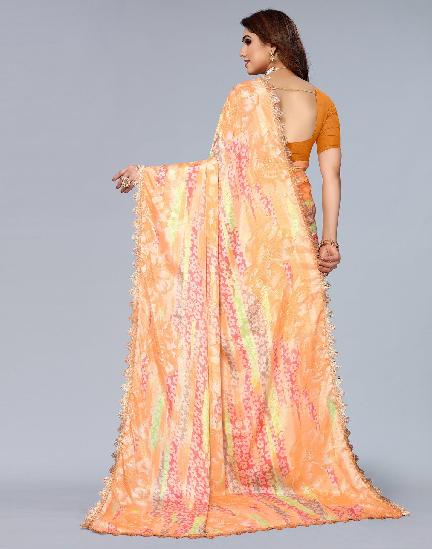 Light Orange Silk Floral Printed Saree