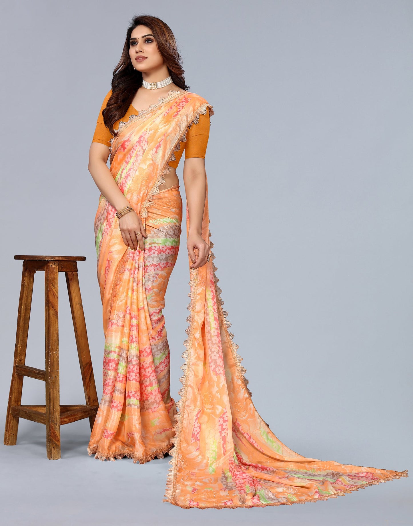 Light Orange Silk Floral Printed Saree
