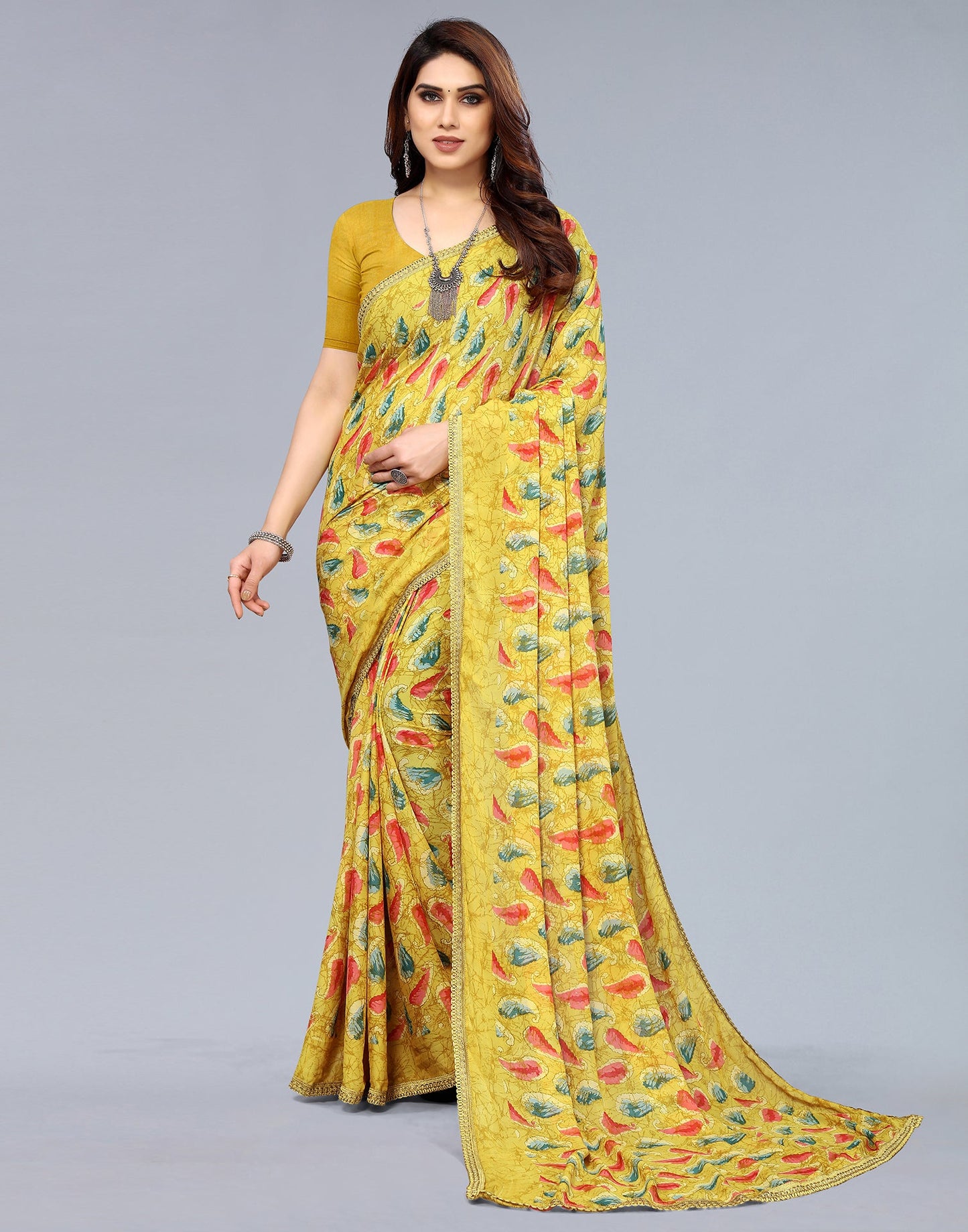 Mustard Yellow Georgette Printed Saree