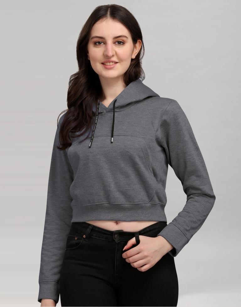 Dark Grey Coloured Cotton Fleece Blend Plain Hoodie | Sudathi