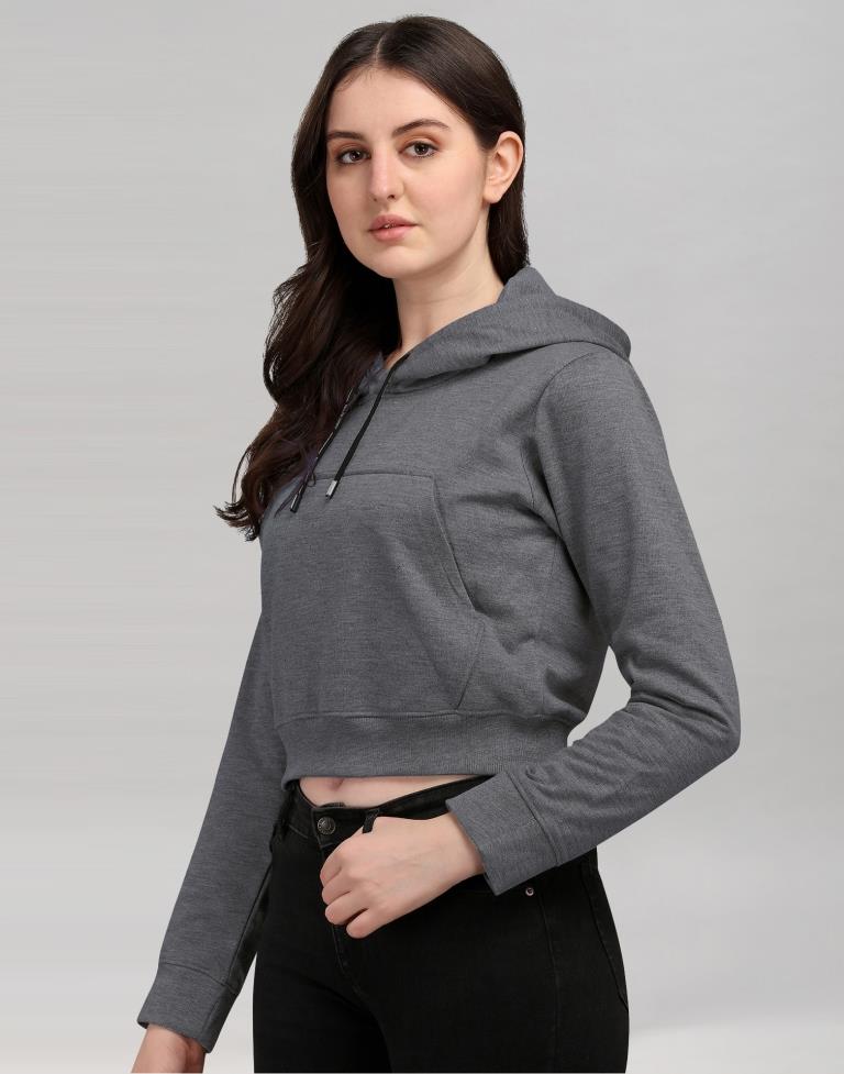 Dark Grey Coloured Cotton Fleece Blend Plain Hoodie | Sudathi