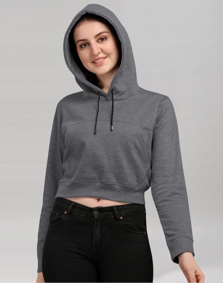 Dark Grey Coloured Cotton Fleece Blend Plain Hoodie | Sudathi