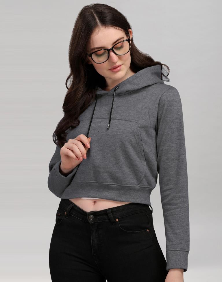 Dark Grey Coloured Cotton Fleece Blend Plain Hoodie | Sudathi