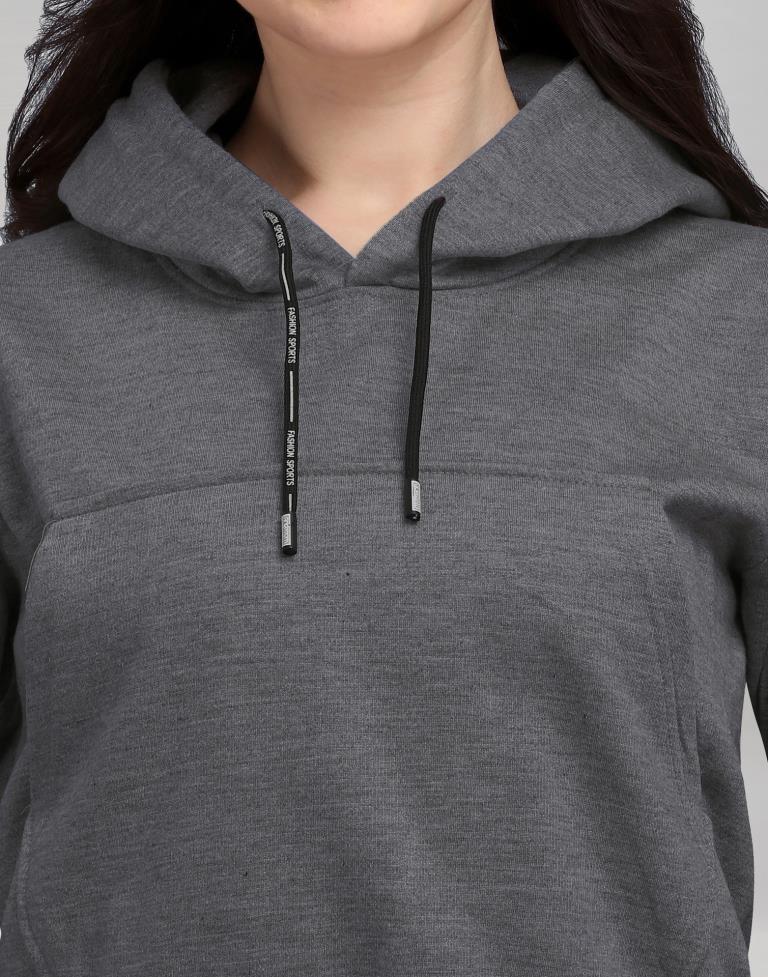 Dark Grey Coloured Cotton Fleece Blend Plain Hoodie | Sudathi