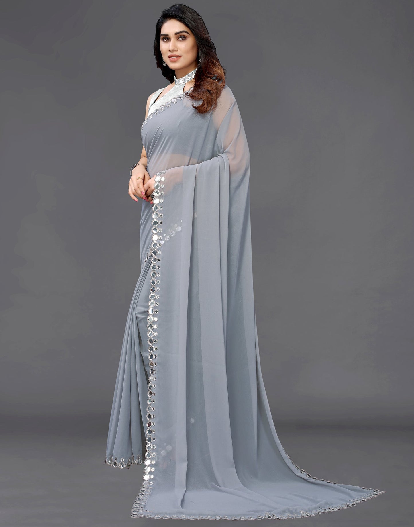 Grey Georgette Mirror Work Saree | Sudathi