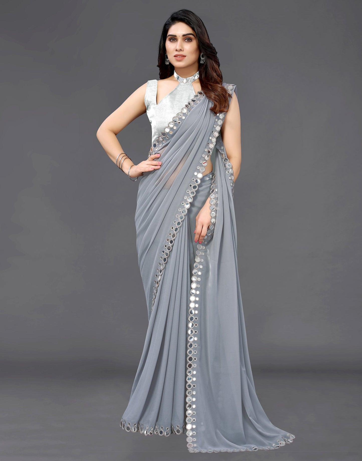 Grey Georgette Mirror Work Saree | Sudathi