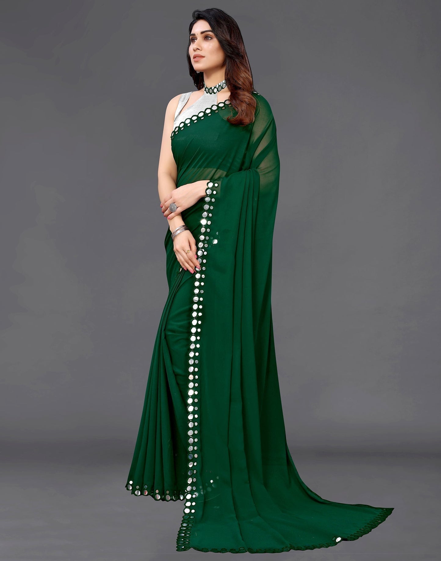 Green Georgette Mirror Work Saree | Sudathi