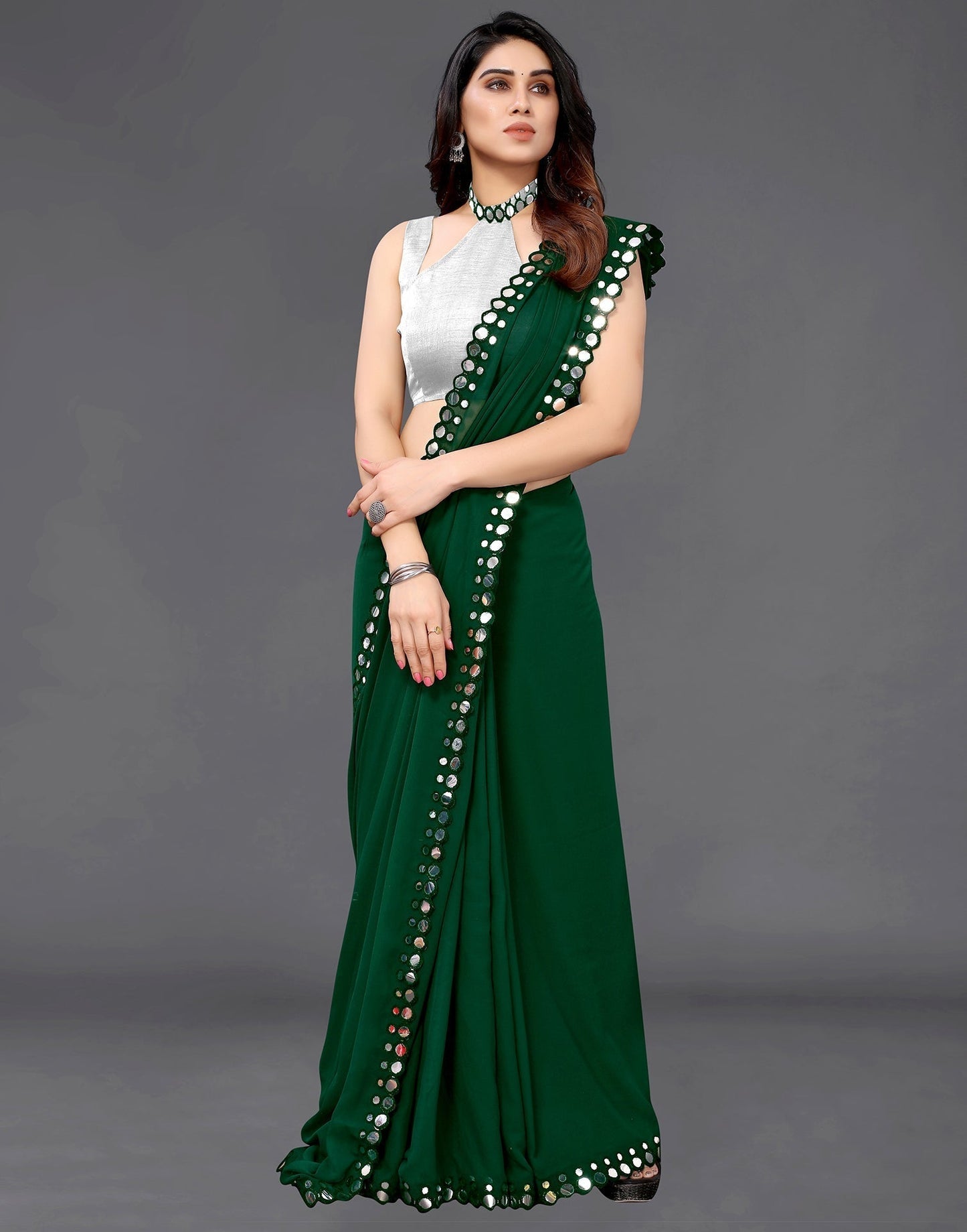 Green Georgette Mirror Work Saree | Sudathi