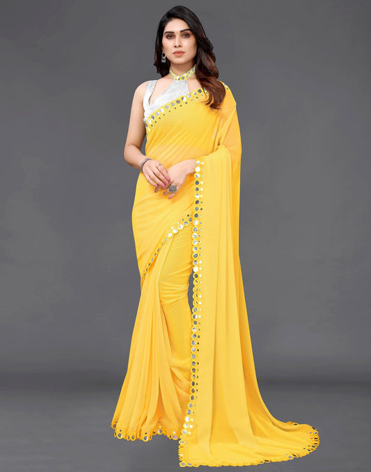 Yellow Georgette Mirror Work Saree | Sudathi