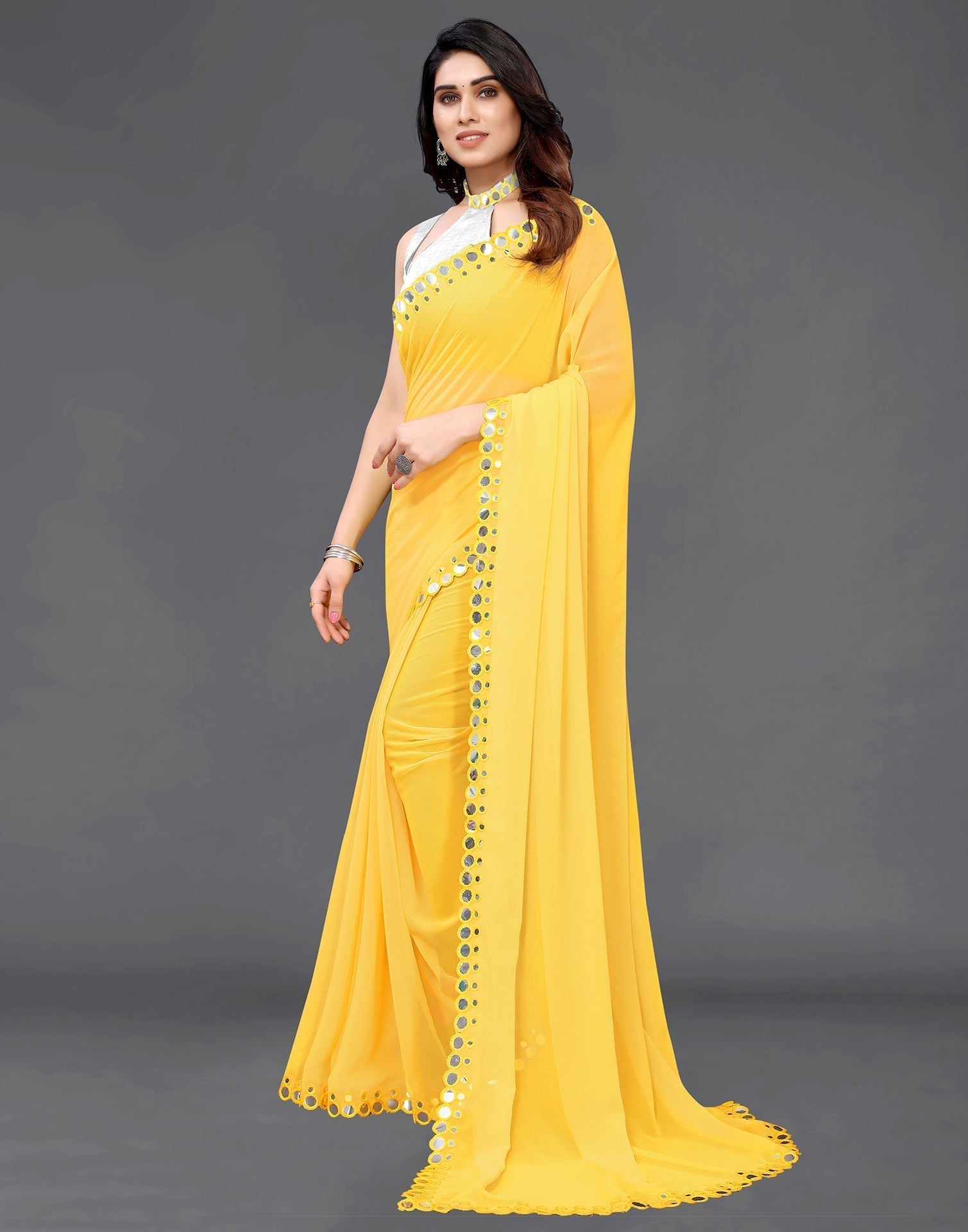 Yellow Georgette Mirror Work Saree | Sudathi