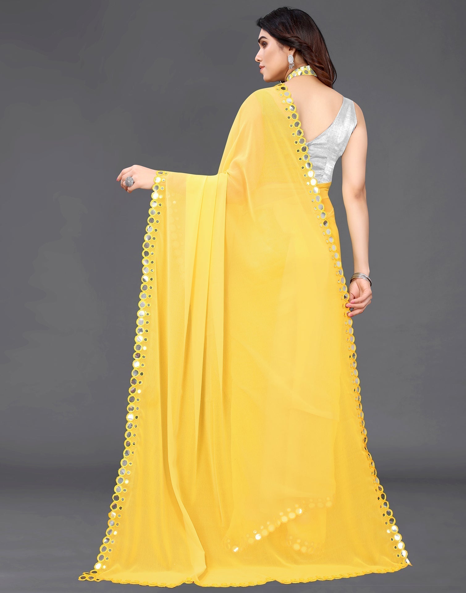 Yellow Georgette Mirror Work Saree | Sudathi
