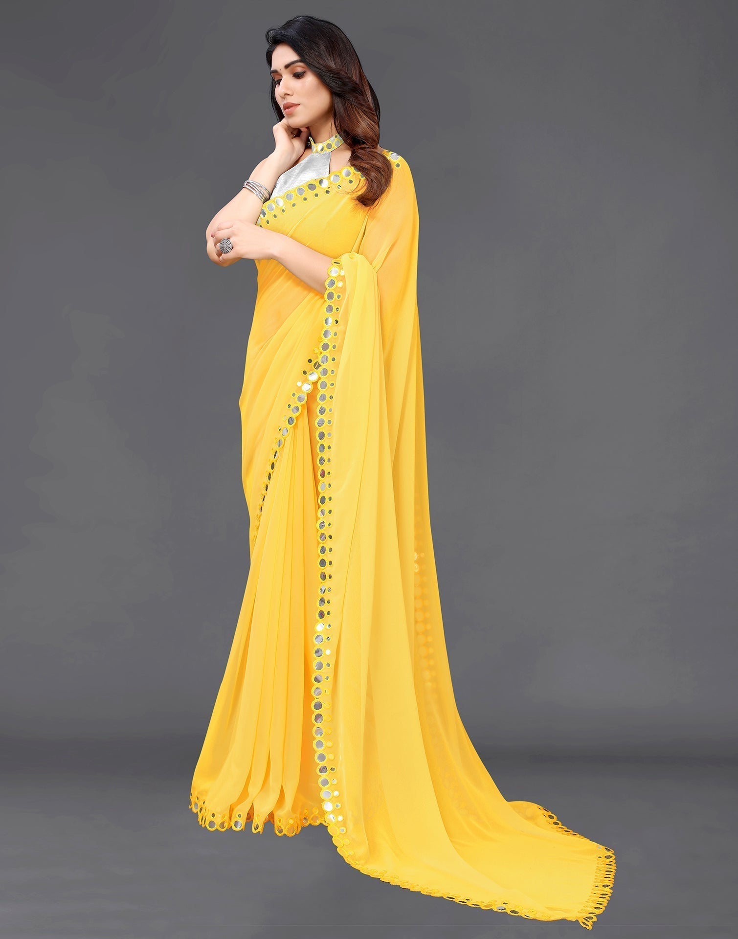 Yellow Georgette Mirror Work Saree | Sudathi