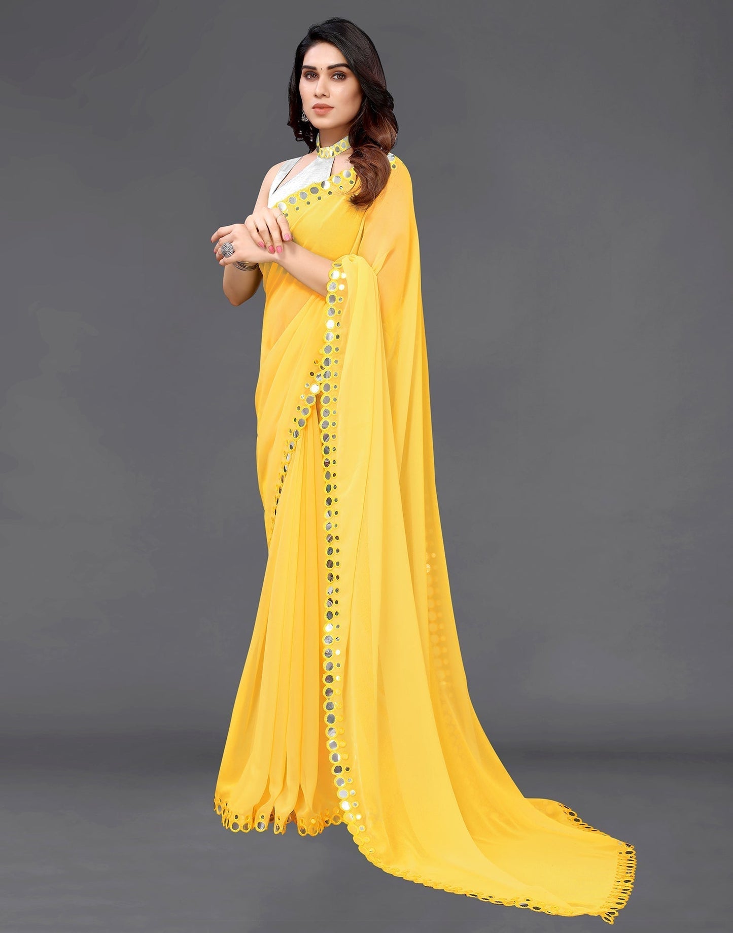 Yellow Georgette Mirror Work Saree | Sudathi
