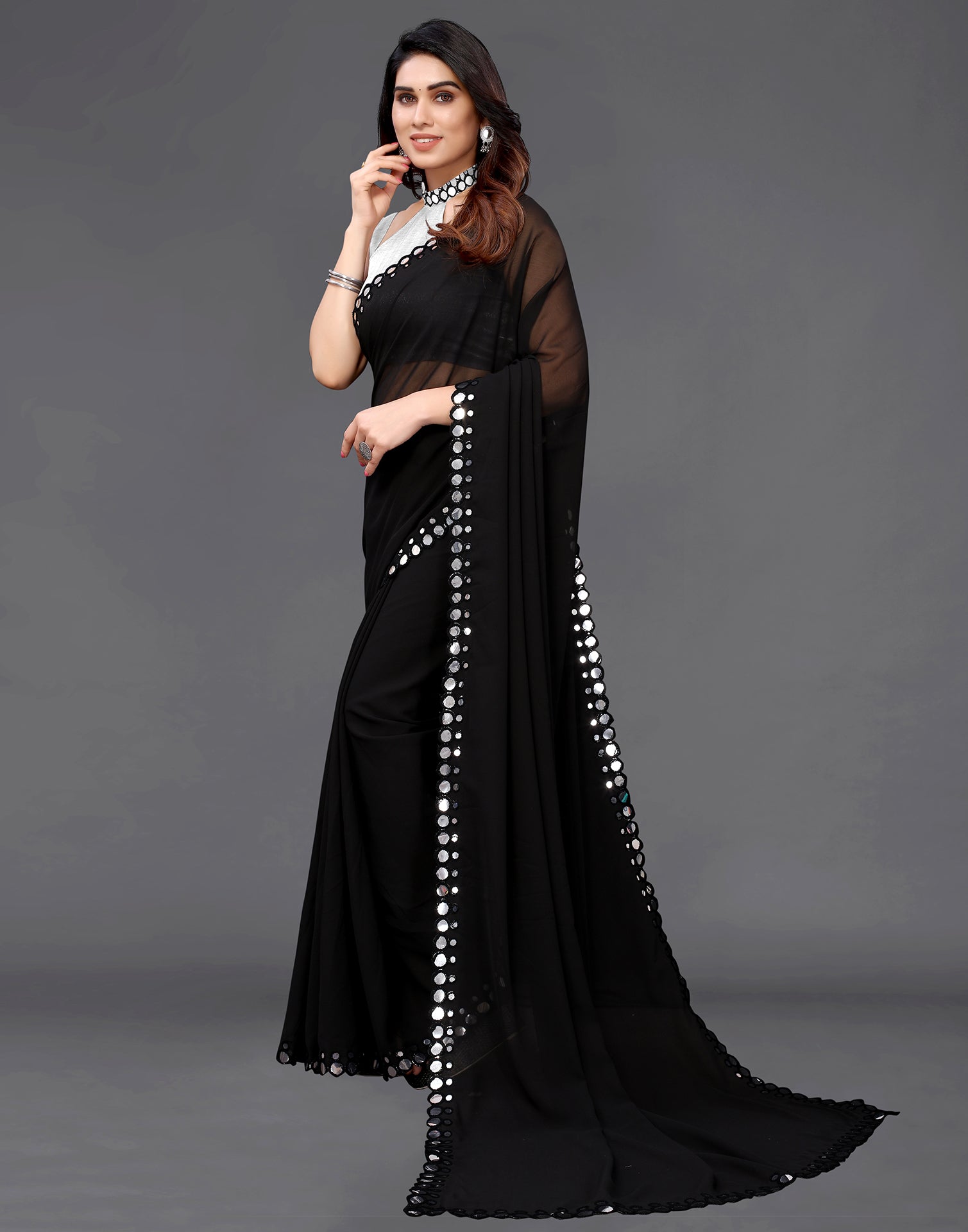 Black Georgette Mirror Work Saree | Sudathi