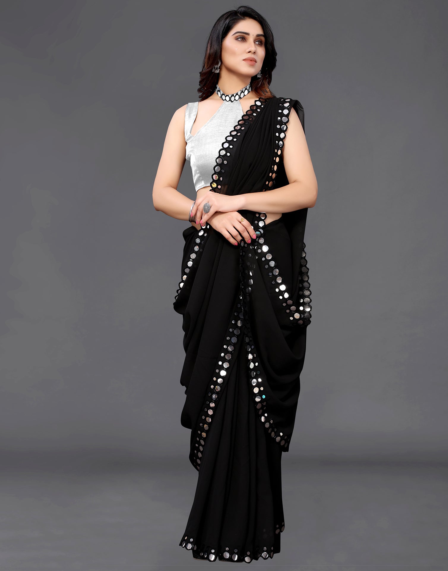 Black Georgette Mirror Work Saree | Sudathi