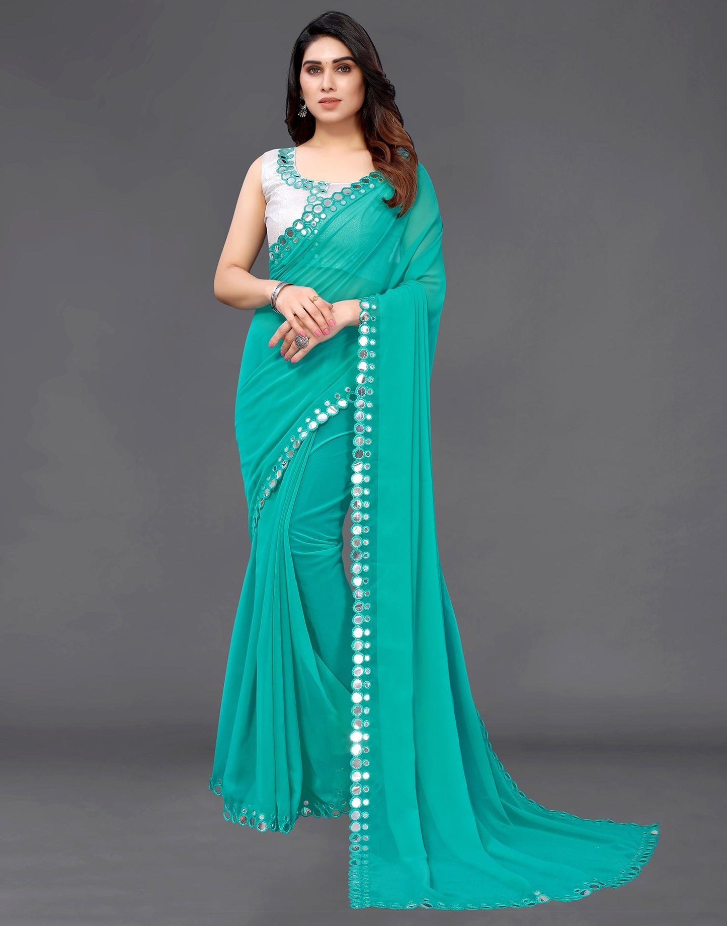 Turquoise Green Georgette Mirror Work Saree | Sudathi