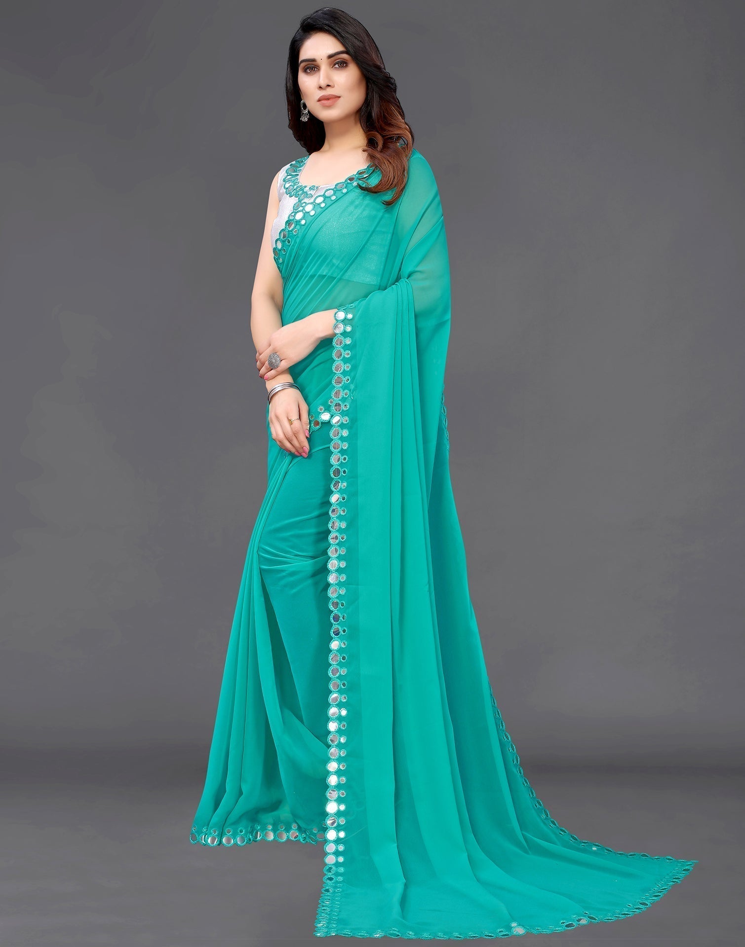 Turquoise Green Georgette Mirror Work Saree | Sudathi