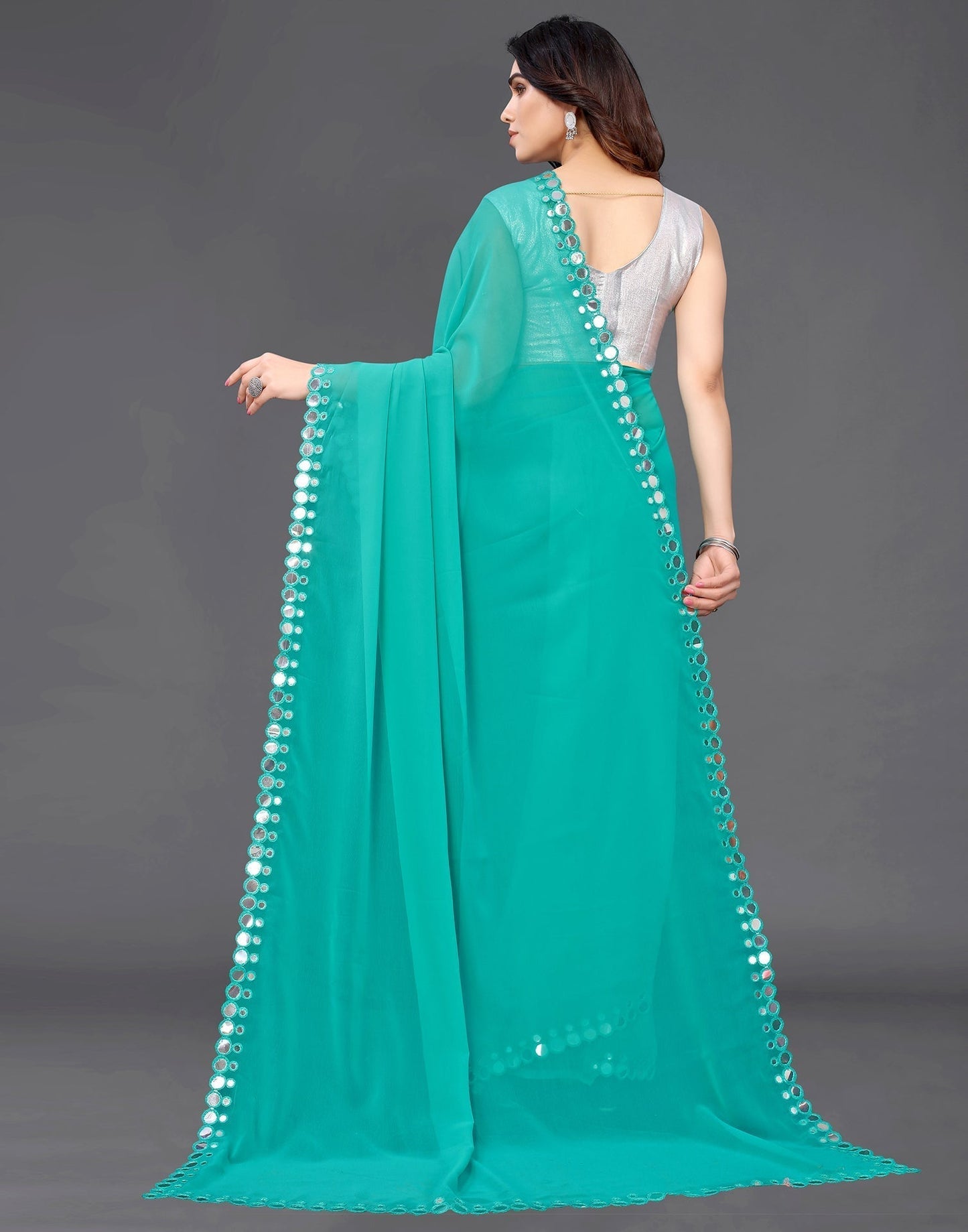 Turquoise Green Georgette Mirror Work Saree | Sudathi