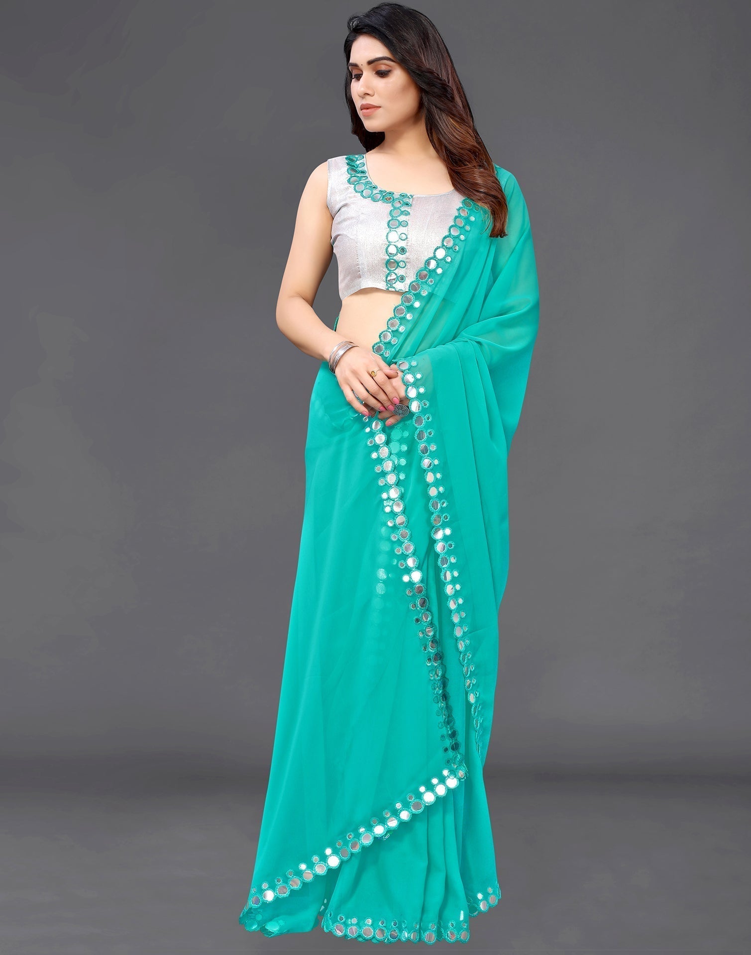 Turquoise Green Georgette Mirror Work Saree | Sudathi