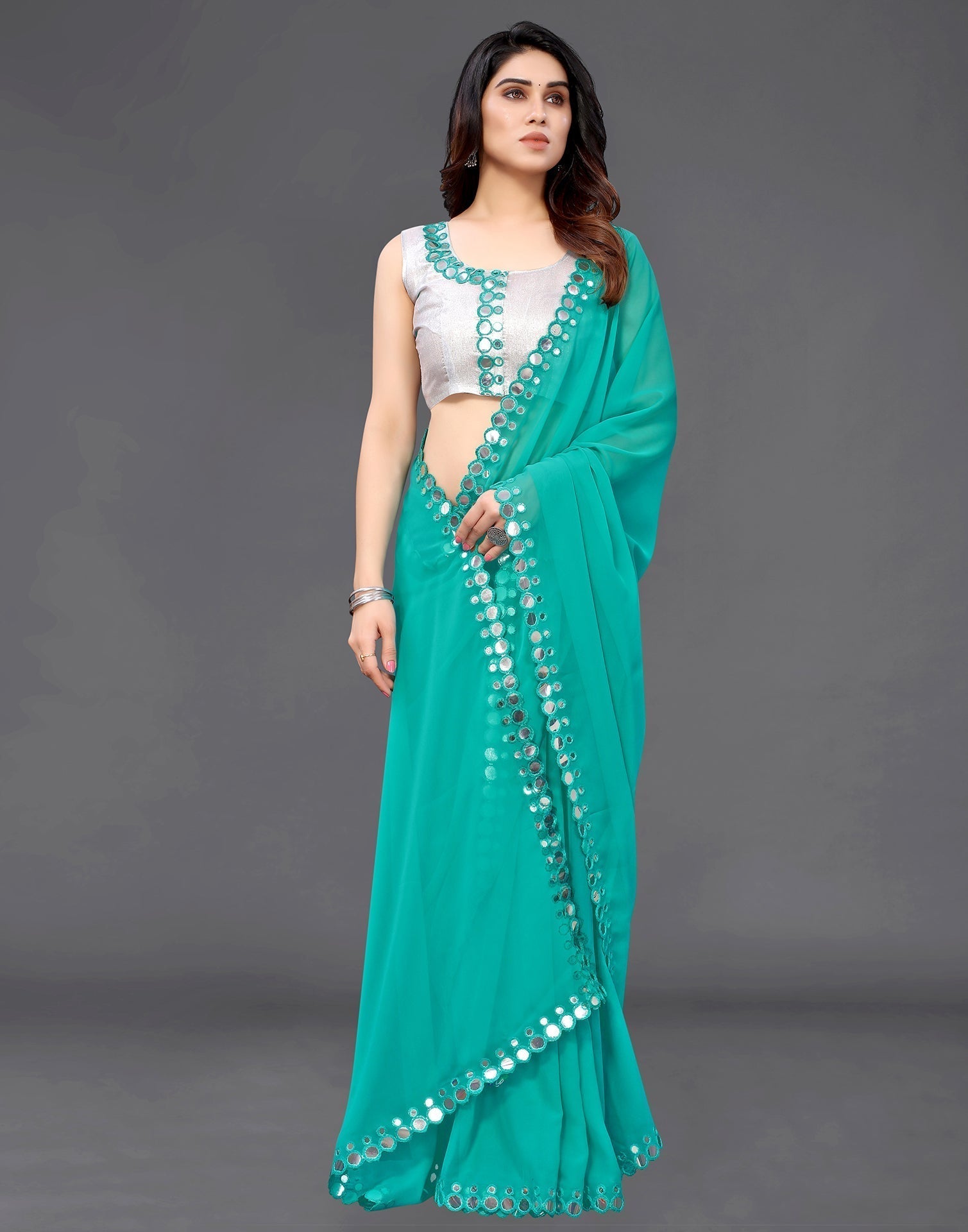 Turquoise Green Georgette Mirror Work Saree | Sudathi