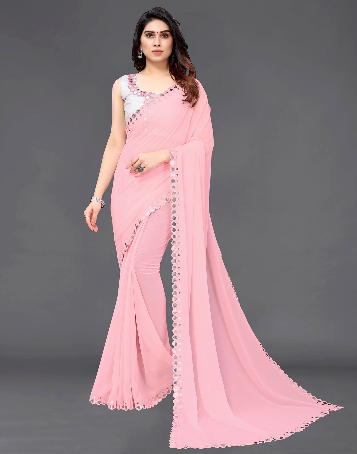 Light Pink Georgette Mirror Work Saree | Sudathi