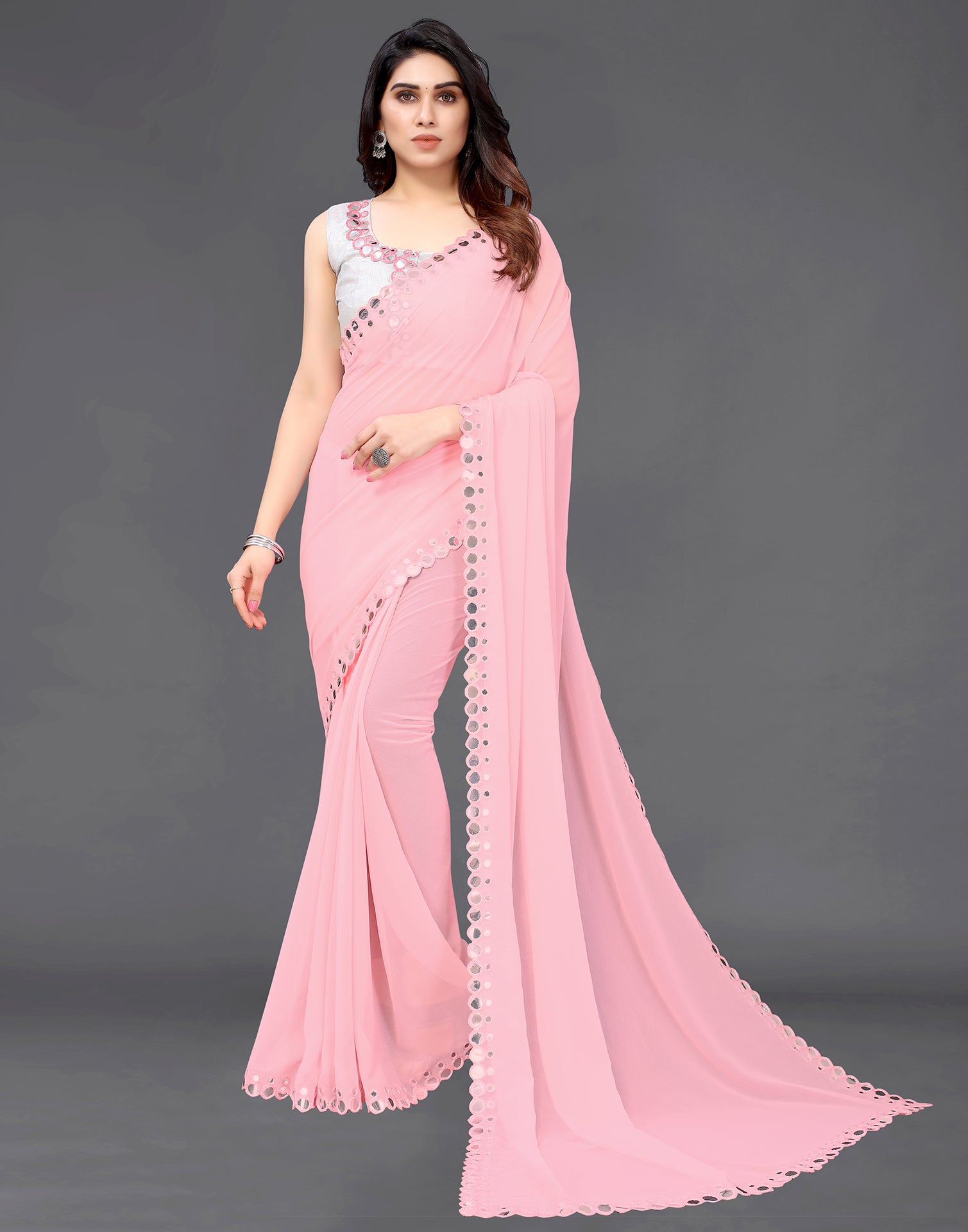 Light Pink Georgette Mirror Work Saree | Sudathi