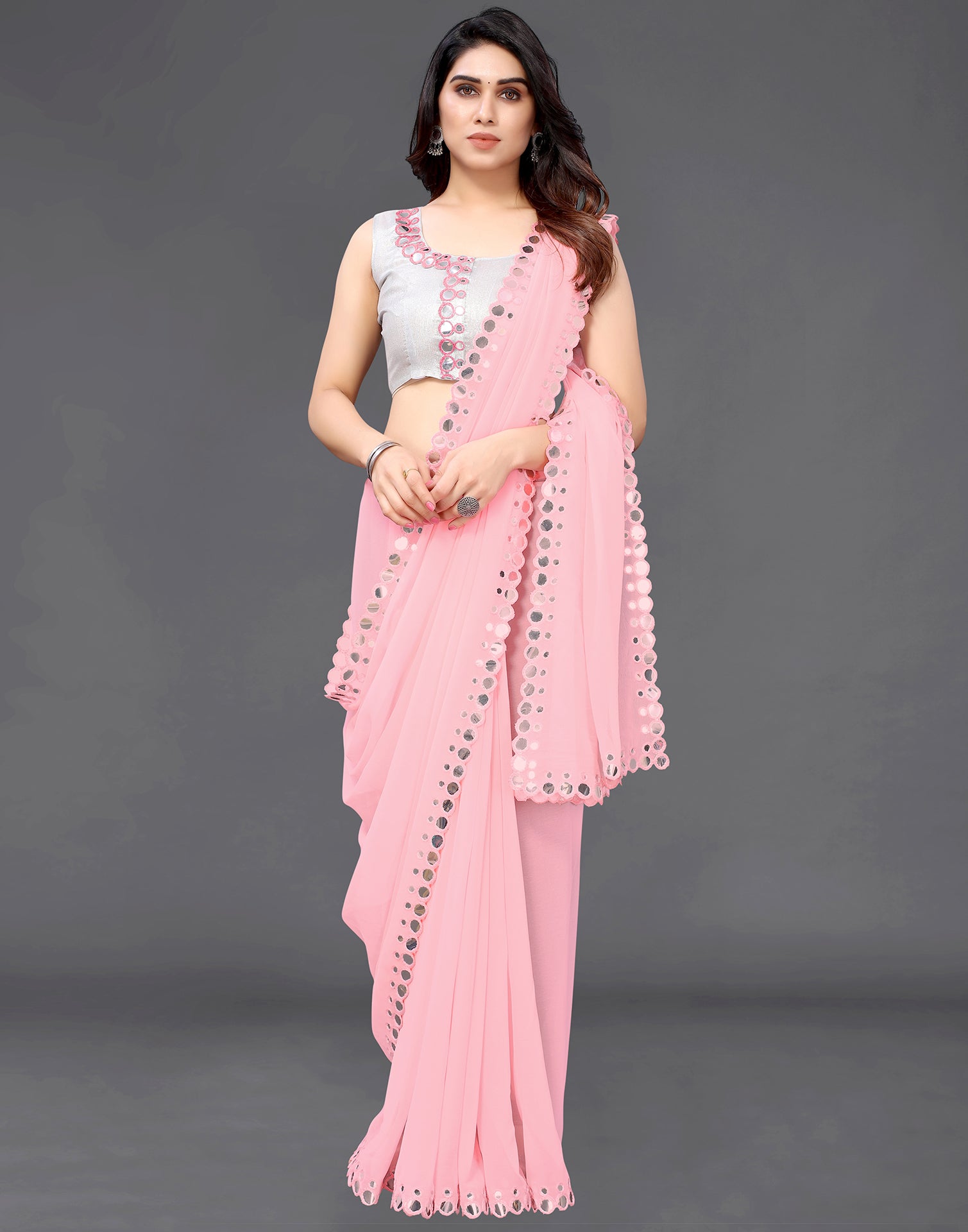 Light Pink Georgette Mirror Work Saree | Sudathi