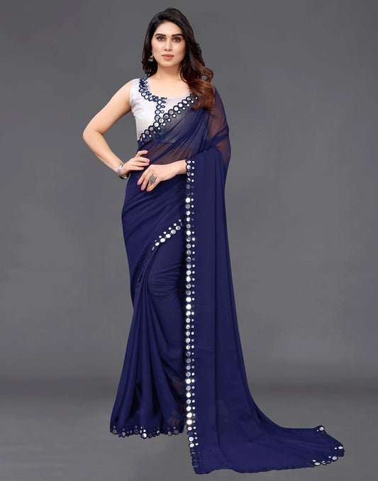Royal Blue Georgette Mirror Work Saree | Sudathi