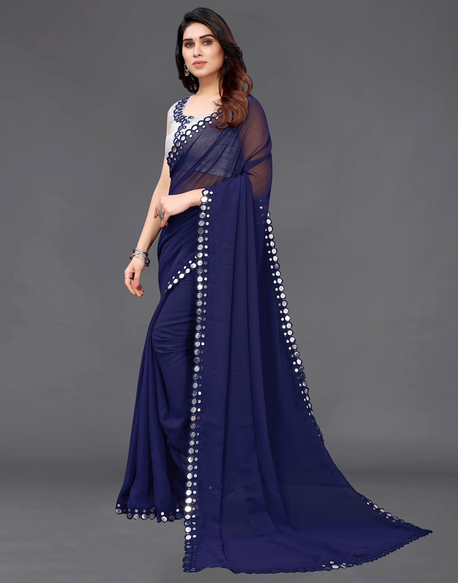 Royal Blue Georgette Mirror Work Saree | Sudathi