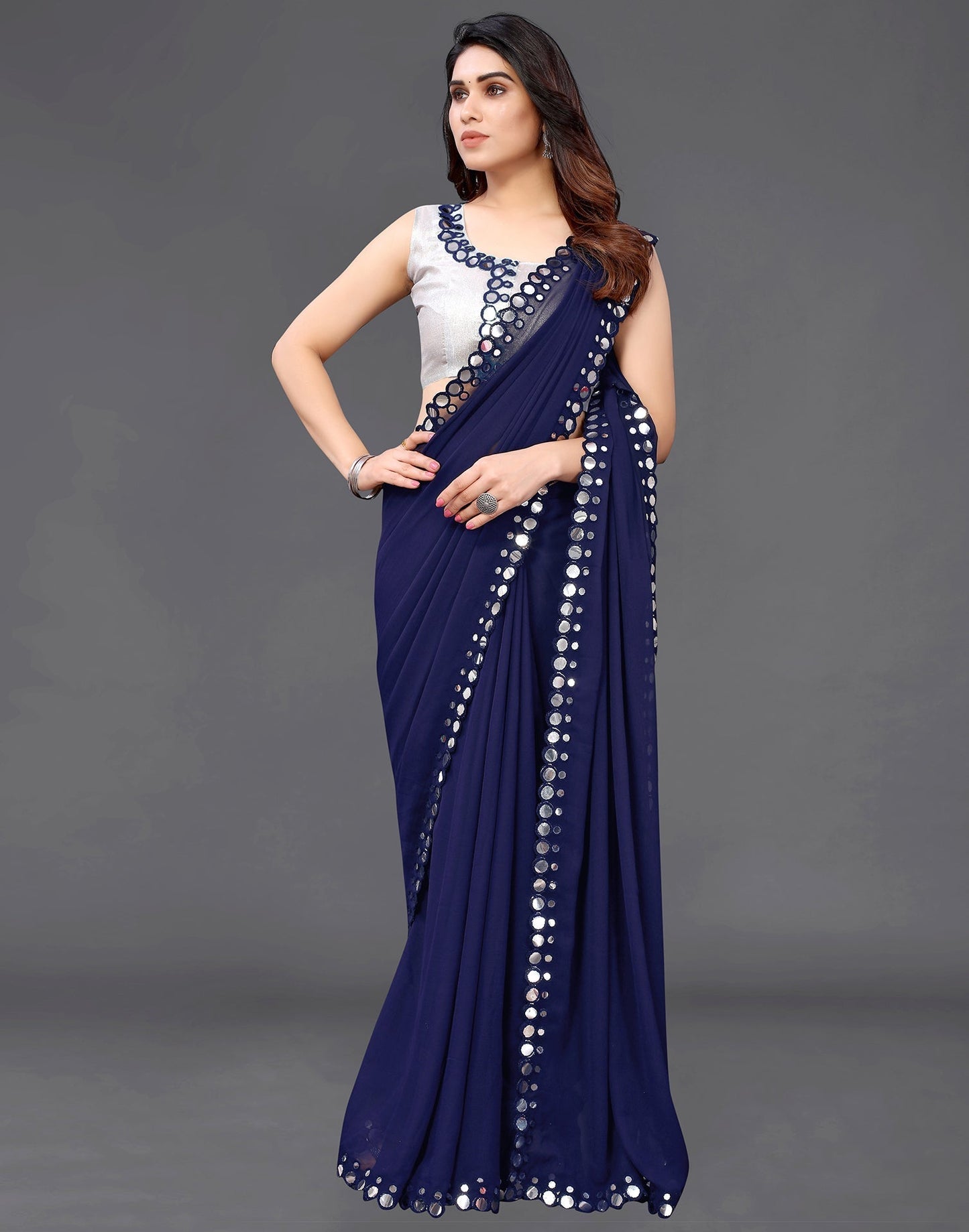 Royal Blue Georgette Mirror Work Saree | Sudathi